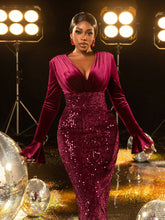 Elegant Plunging Neck Velvet Bodice Contrast Sequin Hem Cocktail Party Dress